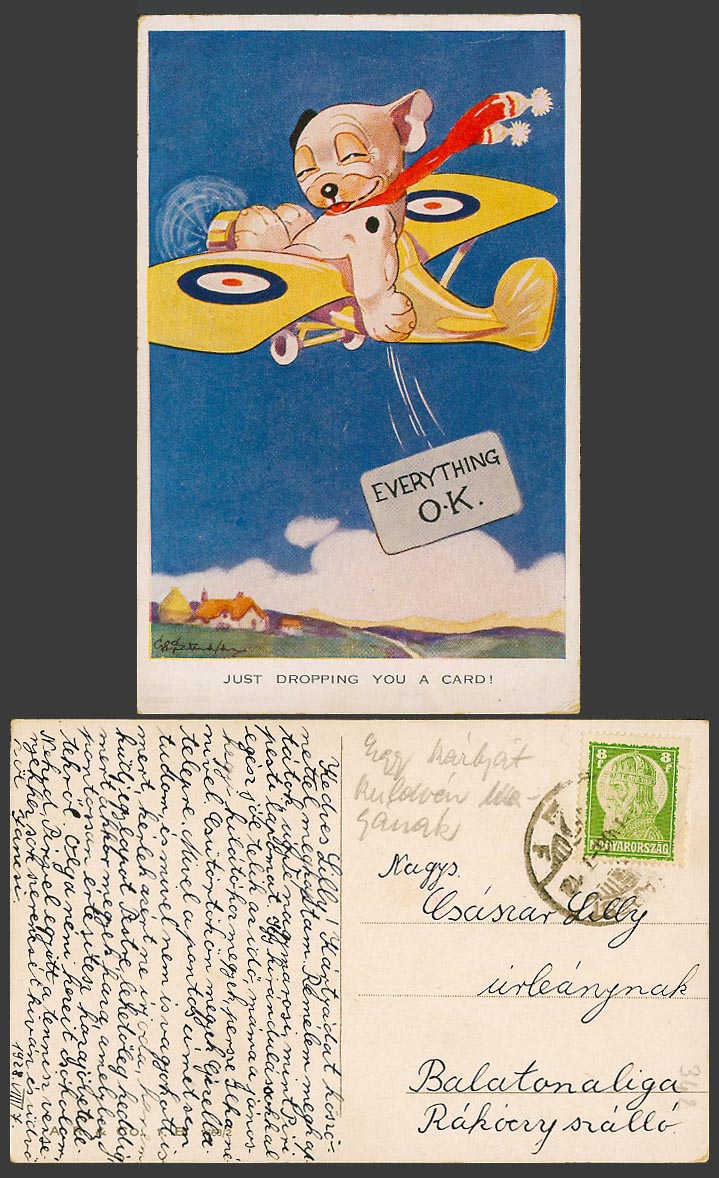BONZO DOG GE Studdy 8f 1928 Old Postcard Dropping You a Card Everything OK 1255