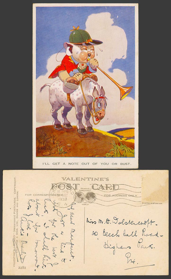 BONZO DOG GE Studdy 1933 Old Postcard I Get a Note Out of You or Bust Horse 2281