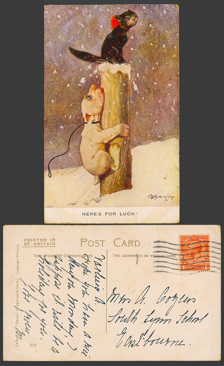 BONZO DOG GE Studdy c1920 Old Postcard Here's For Luck Black Cat Kitten Snow 914