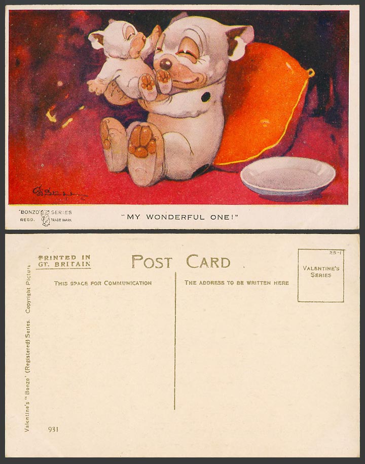 BONZO DOG G.E. Studdy Old Postcard My Wonderful One! Puppy Dogs Cushion Dish 931