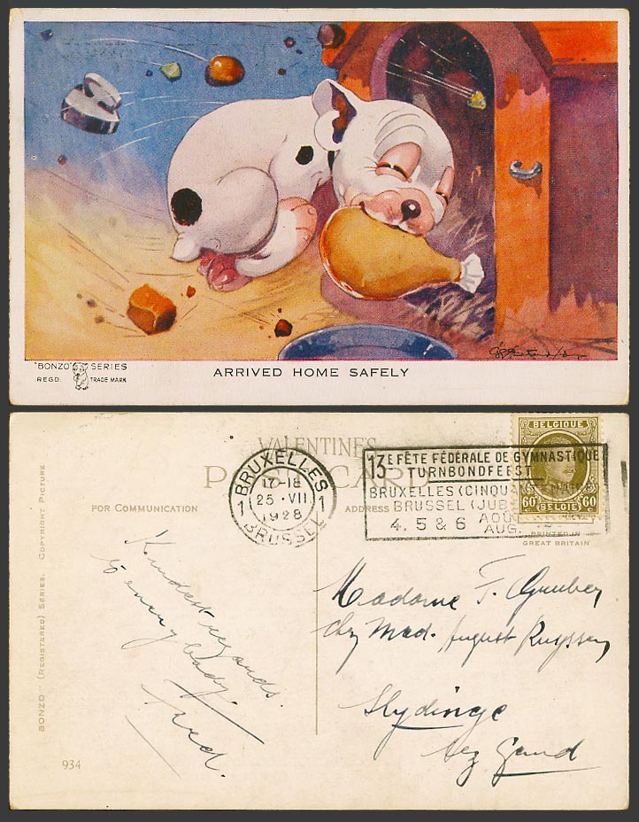 BONZO DOG GE Studdy 1928 Old Postcard Arrived Home Safely! Chicken Leg, Iron 934