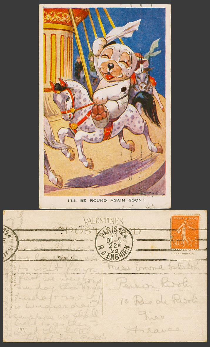 BONZO DOG GE Studdy Fr. 50c 1929 Old Postcard Merry-Go-Round Be Round Again 1311