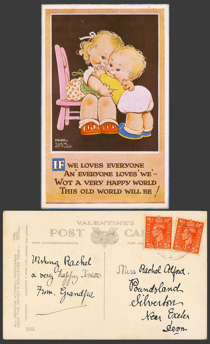 MABEL LUCIE ATTWELL Old Postcard Boy & Girl Hug Happy World We Love Everyone 565