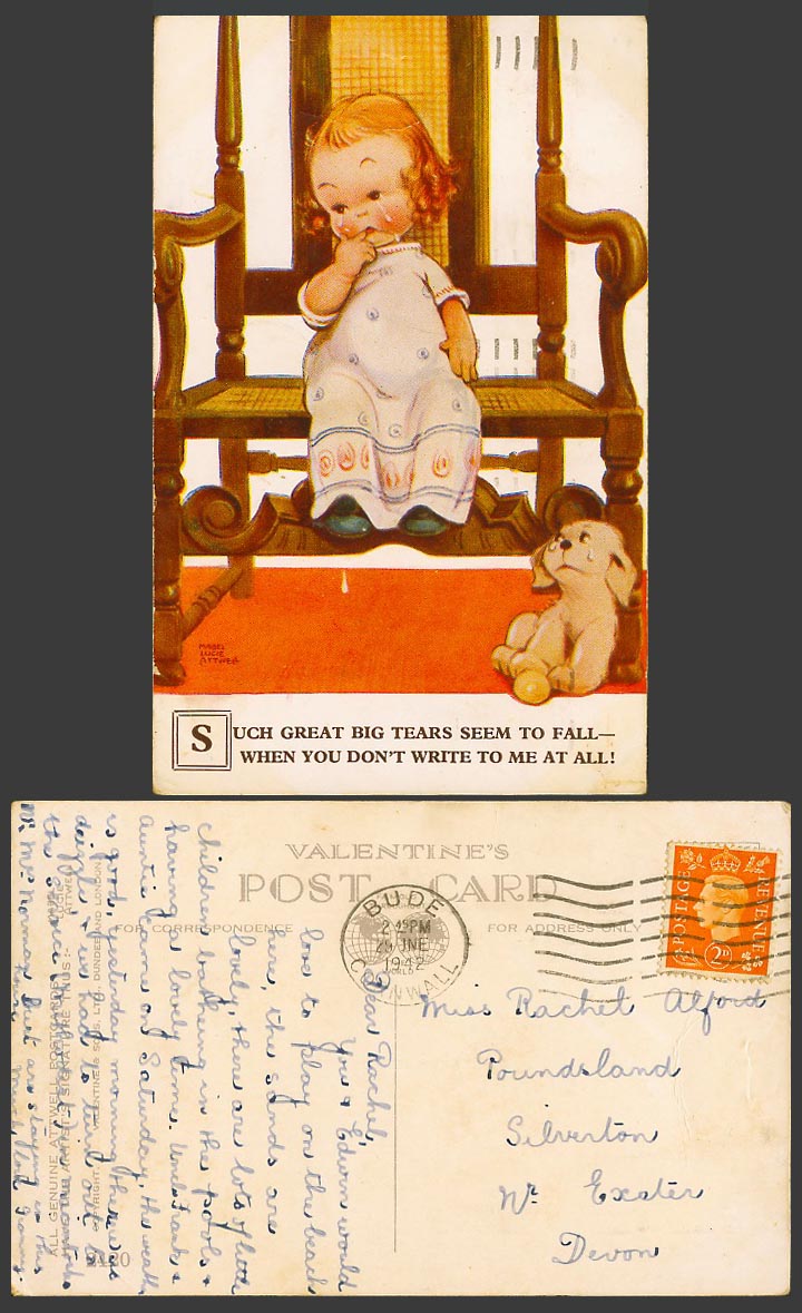 MABEL LUCIE ATTWELL 1942 Old Postcard Dog Puppy Girl, You Don't Write To Me 2420