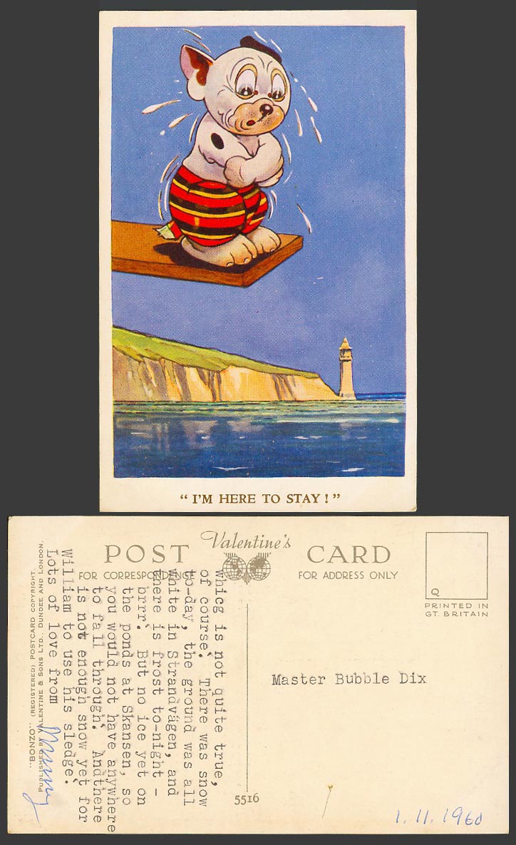 BONZO DOG GE Studdy Style 1960 Old Postcard Here to Stay, Diving Lighthouse 5516