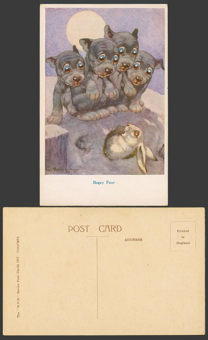 BONZO DOG GE Studdy Old Postcard BOGEY FOUR Puppies Bunny Rabbit Night Moon 1027