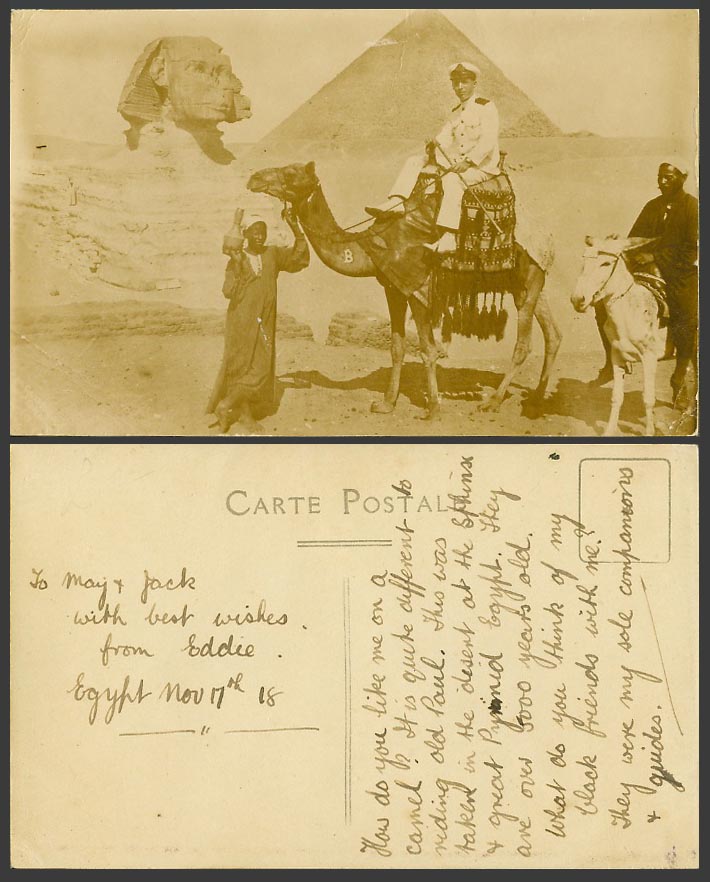 Egypt 1918 Old Real Photo Postcard Sphinx Pyramid, Navy Soldier on Camel, Guides