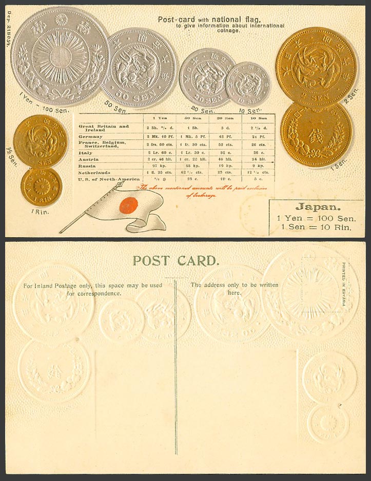 Japan Coin Card Vintage Meiji Emperor Period Coins & Japanese Flag Old Postcard