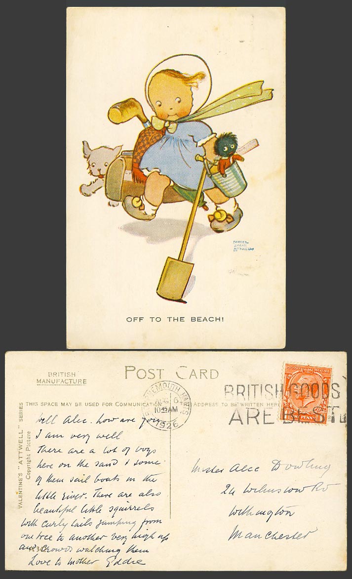 MABEL LUCIE ATTWELL 1926 Old Postcard Off To The Beach! Girl Doll Dog Golf A342