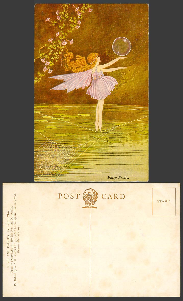 Ida R OUTHWAITE Old Postcard Fairy Frolic Bubble Tiptoes Spiderweb Fairyland 71a