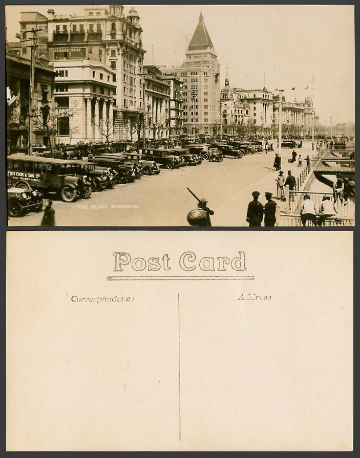 China Old Real Photo Postcard The Bund Shanghai Street Scene Thos Cook & Son Car