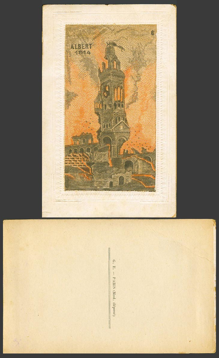WW1 SILK Embroidered Old Postcard ALBERT 1914 on FIRE First World War G.E. Paris