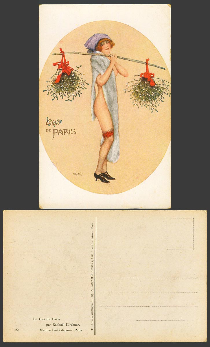 Raphael Kirchner Old Postcard Le Gui de Paris, Glamour Lady Carry Mistletoe Xmas