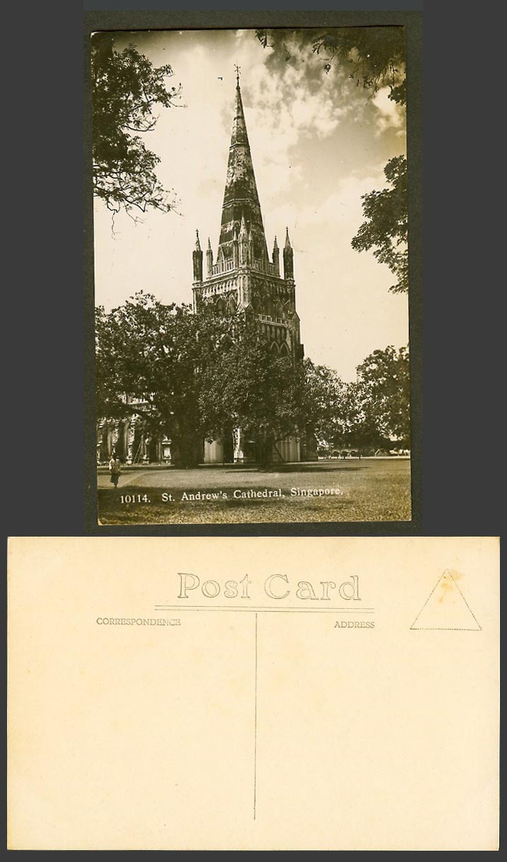 Singapore Old Real Photo Postcard St. Andrew's Cathedral Church Tower No. 10114