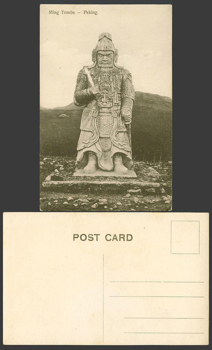 China c1910 Old Postcard Ming 13 Tombs Peking Chinese Warrior Statue Sword Hills