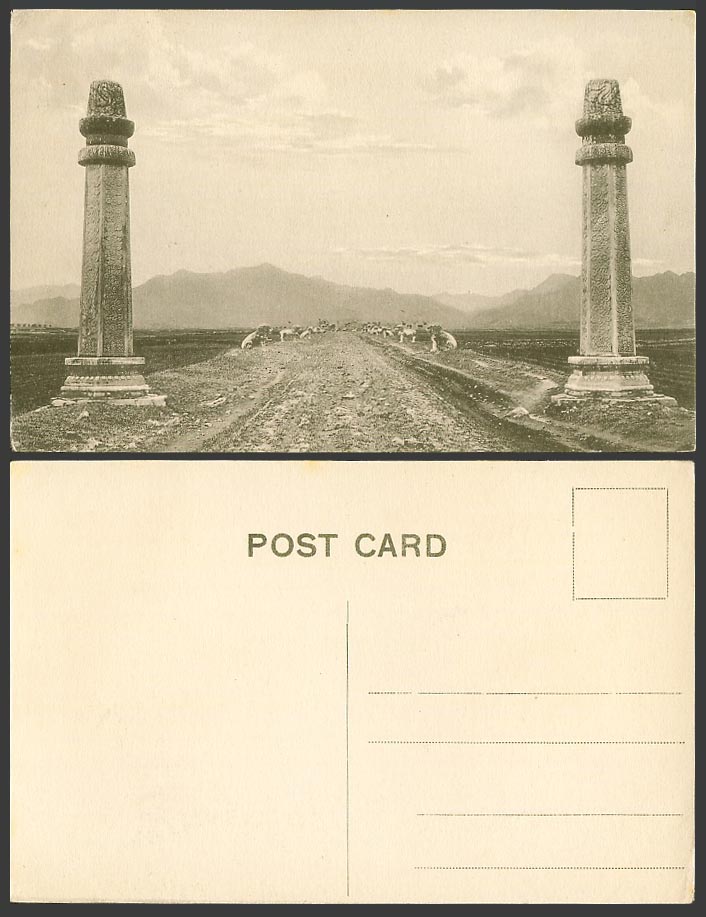 China Old Postcard Ming Tombs Peking, Chinese Stone Lion Statues Columns Pillars
