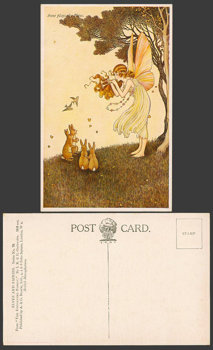 IR OUTHWAITE Old Postcard Fairy Girl Anne Plays Pipes Rabbit Enchanted Forest 76