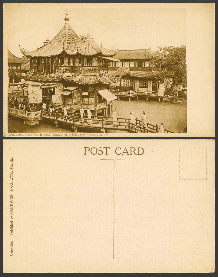 China Old Postcard Willow Pattern Tea House Teahouse Shanghai Native City Bridge