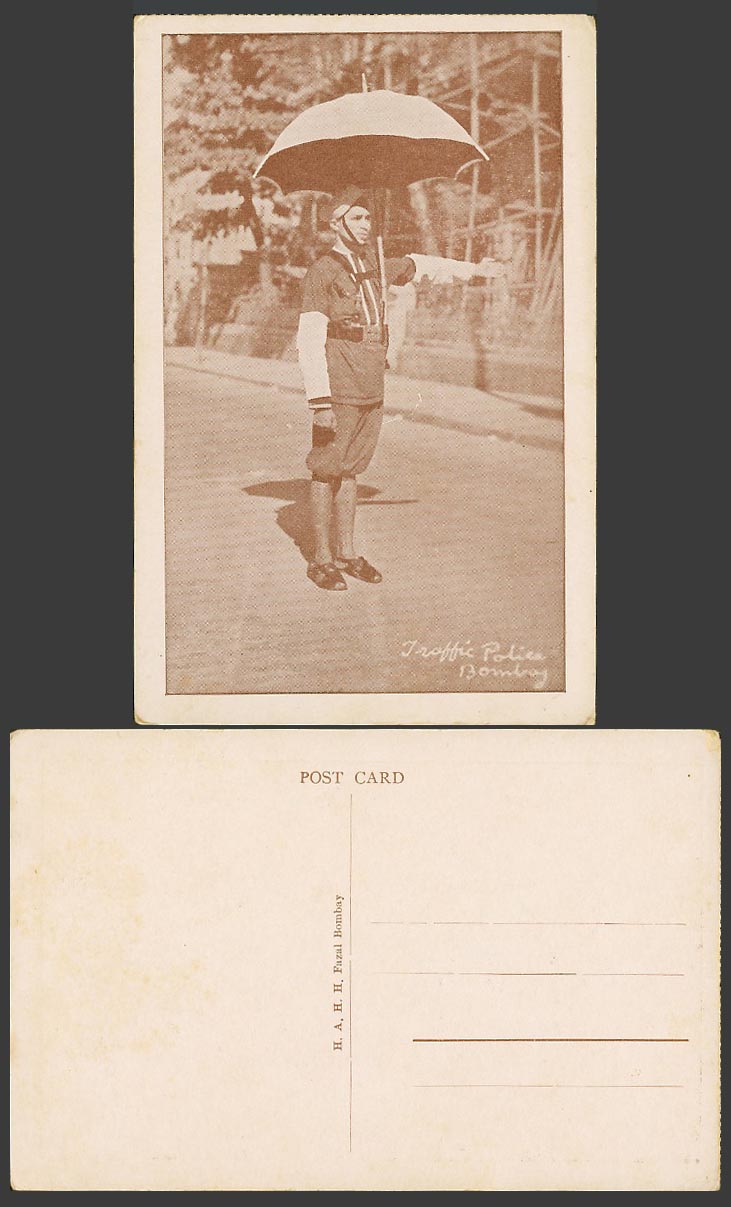India Old Postcard Bombay Traffic Police wearing Uniform & Umbrella Street Scene
