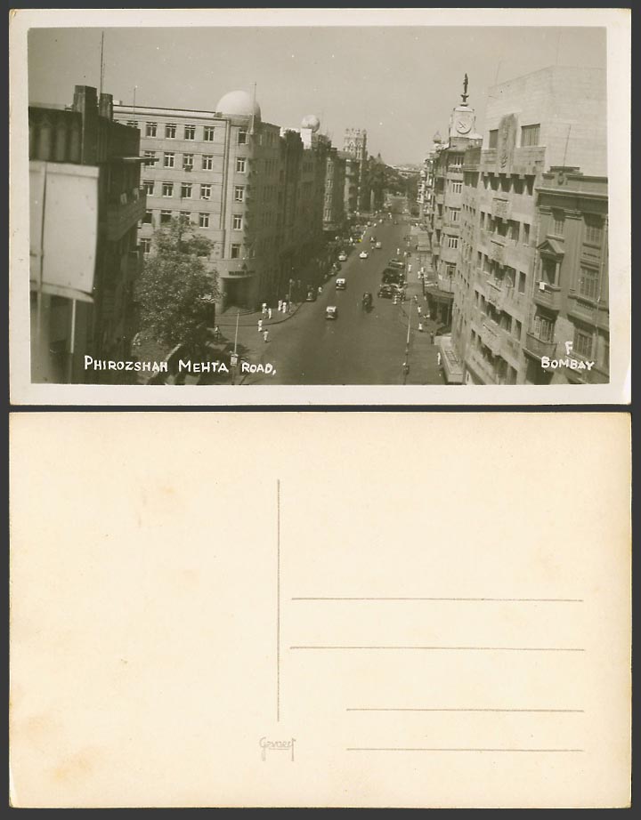India Old Real Photo Postcard F Bombay, Phirozshah Mehta Road, Clock Tower, Cars