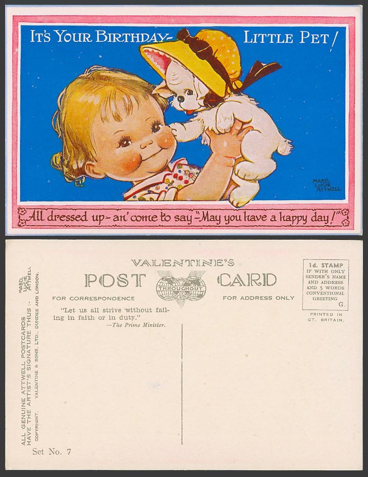MABEL LUCIE ATTWELL Old Postcard It's Your Birthday Little Pet Dog Girl Set No.7