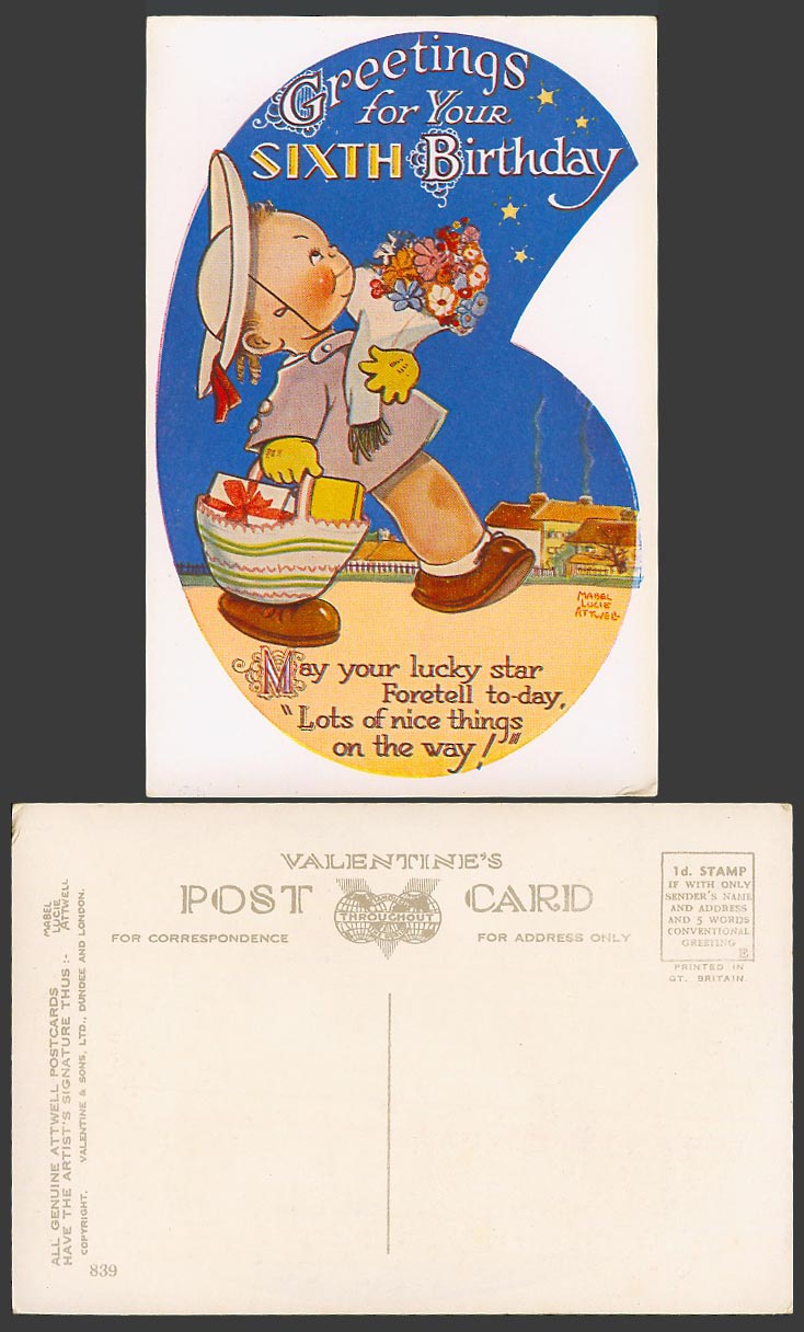 MABEL LUCIE ATTWELL Old Postcard Your 6th Sixth Birthday Lucky Star Foretell 839