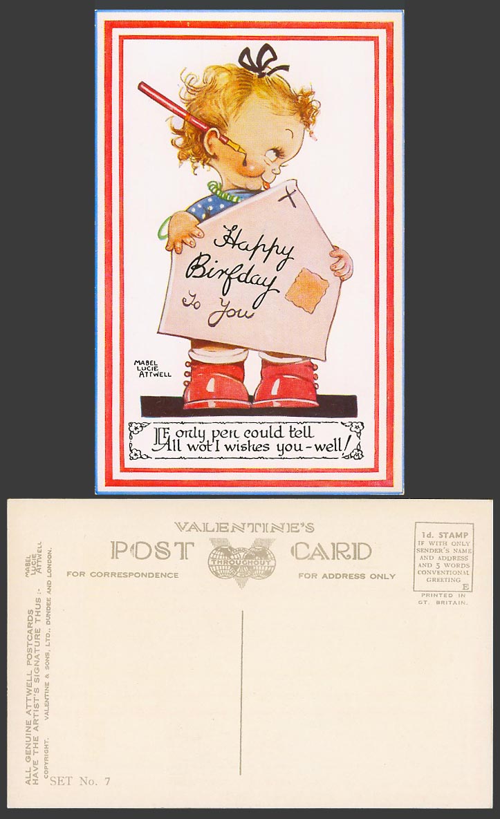 MABEL LUCIE ATTWELL Old Postcard Happy Birthday To U Pen Tell All I Wishes Set 7