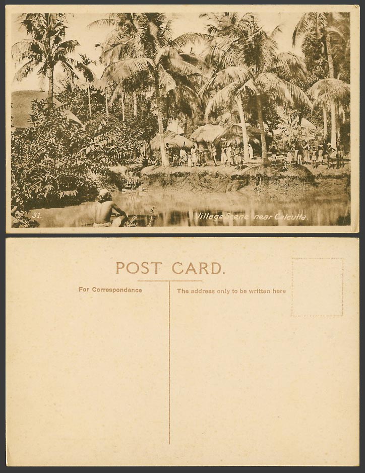 India Old Postcard Village Scene near Calcutta Native House Palm Trees Men Women