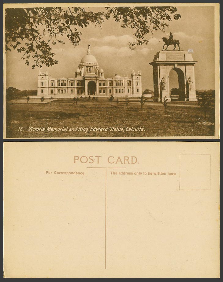 India Old Postcard Calcutta, Victoria Memorial and King Edward Horse Statue Gate