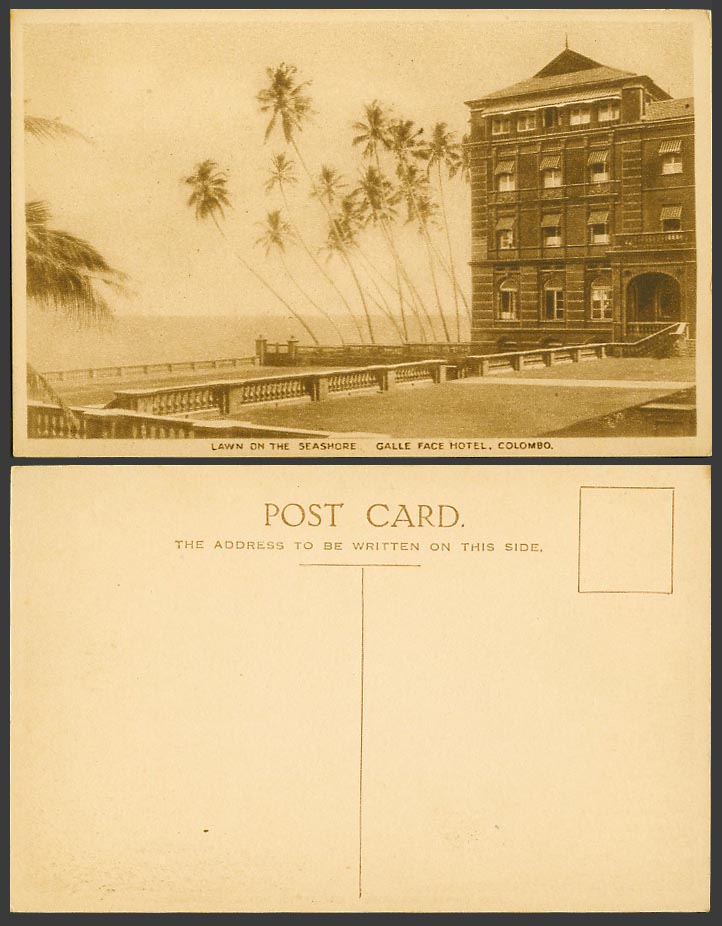 Ceylon Old Postcard Lawn on Seashore GALLE FACE HOTEL Colombo Palm Trees Seaside