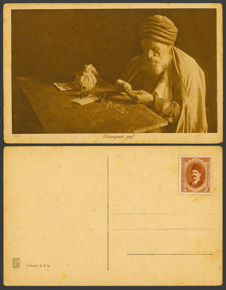 Egypt King Fuad 5d Old Postcard Changeur juif Jewish Changer, Man Counting Coins