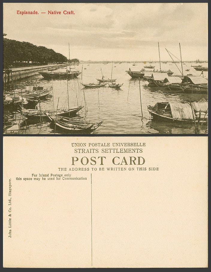 Singapore Esplanade - Native Craft Sampan Boats in Harbour Panorama Old Postcard