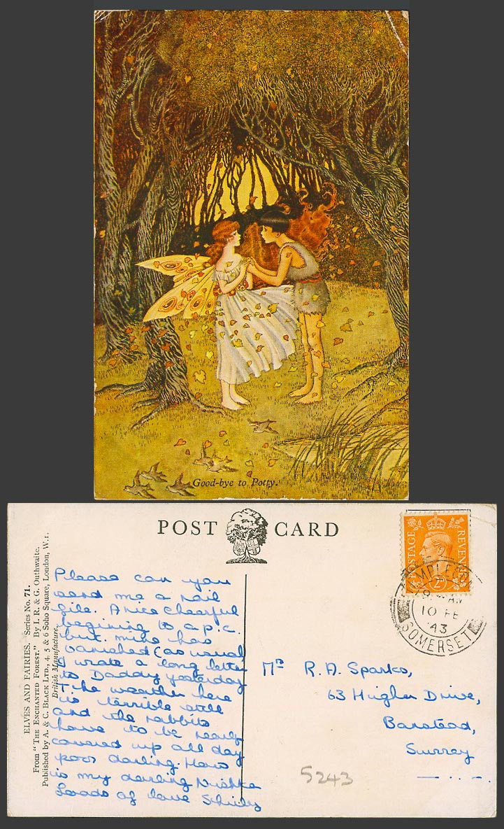 IR & G OUTHWAITE 1943 Old Postcard Good-Bye to Potty Fairy Girl Enchanted Forest