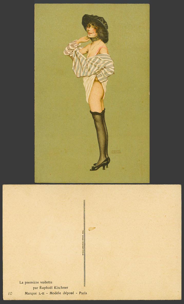 Raphael Kirchner Old Postcard La Premiere Voilette Violet Woman in Stockings Hat