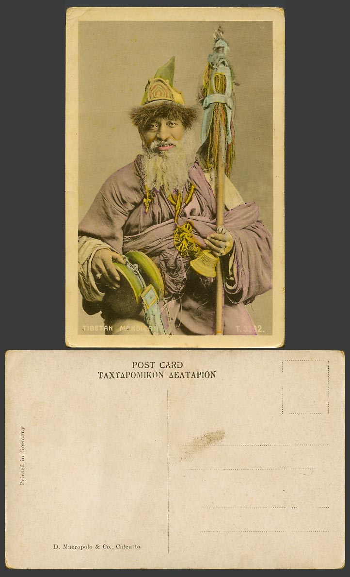 Tibet China Old Colour Postcard Tibetan Mendicant Native Beggar with Damaru Bell