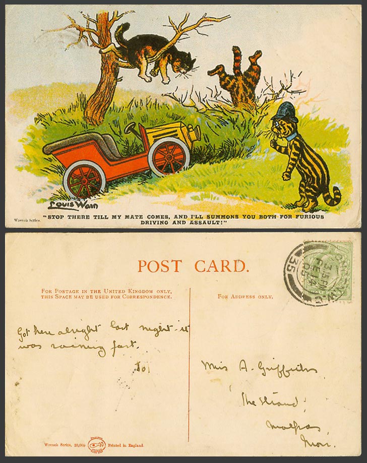Louis Wain Artist Signed Cats Police Furious Driving & Assault 1905 Old Postcard