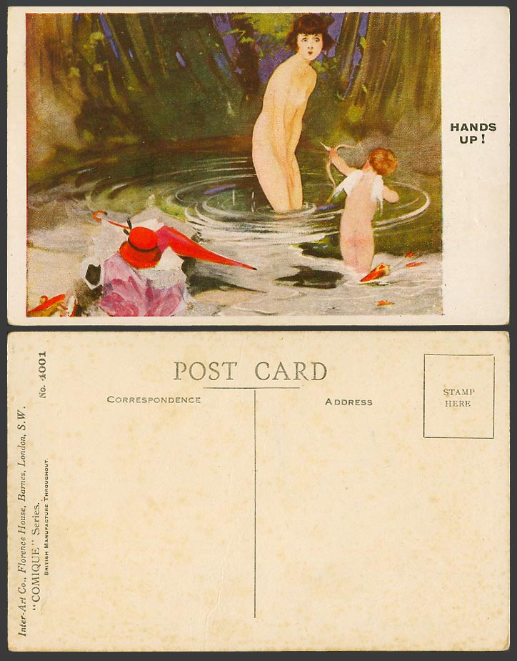 Hands Up! Woman Bather Bathing, Hat, Umbrella, Cupid, Bow Arrow Old ART Postcard