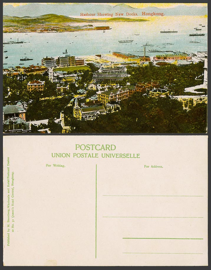 Hong Kong China Old Postcard Harbour Showing New Docks Ships Boats Hill Panorama