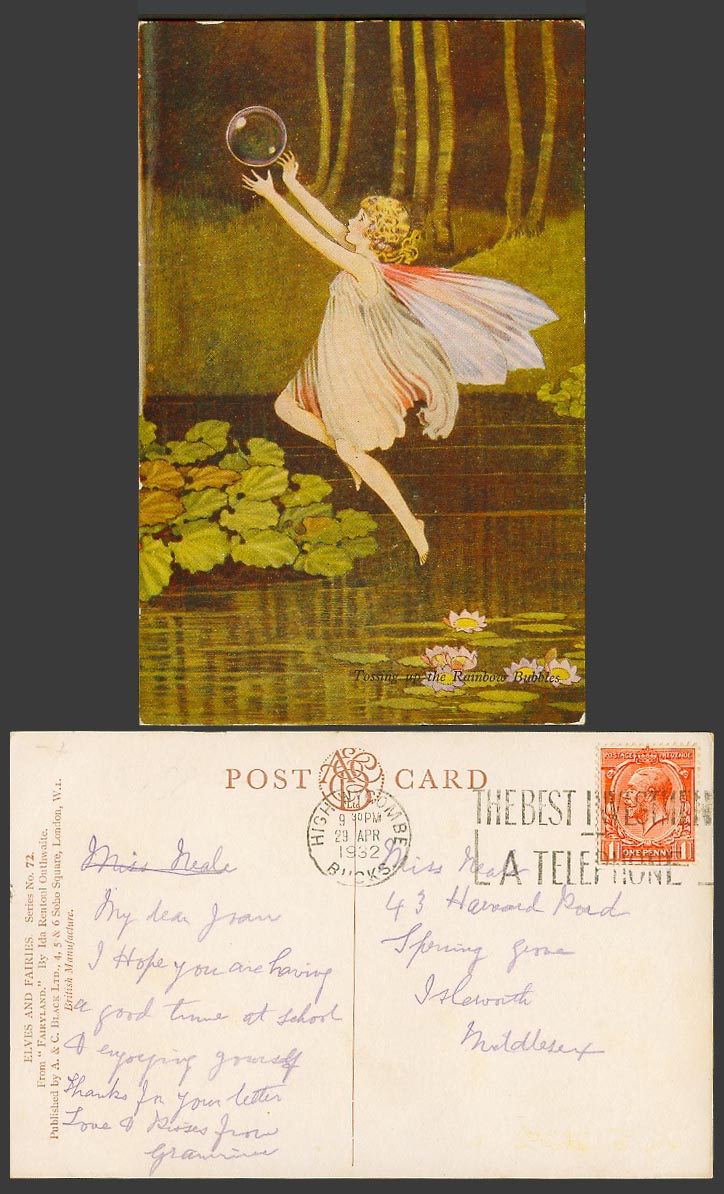 IR OUTHWAITE 1932 Old Postcard Fairy Tossing Up The Rainbow Bubbles Fairyland 72