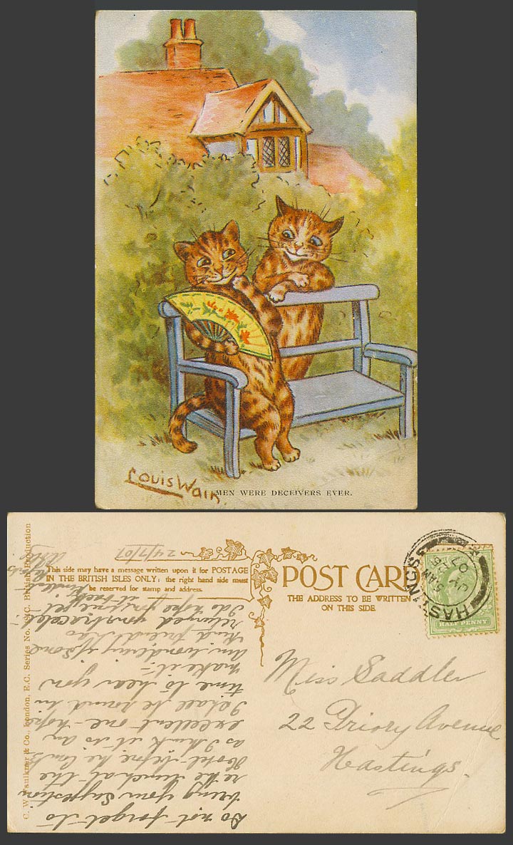 LOUIS WAIN Artist Signed Cats Kittens, Men were Deceivers Ever 1907 Old Postcard