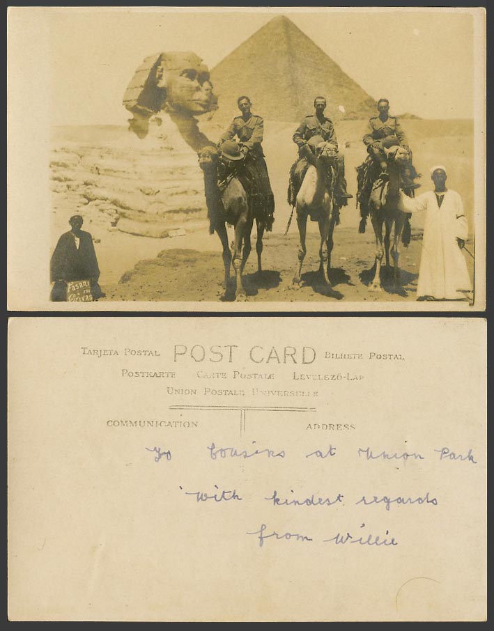 Egypt Old Real Photo Postcard Sphinx Pyramid Soldiers Camels Fasani & 177 Crivas