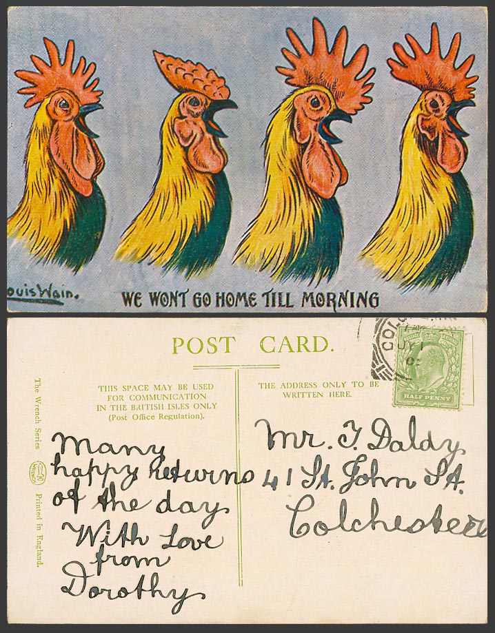 Louis Wain Artist Signed Rooster Bird Not Go Home Till Morning 1905 Old Postcard