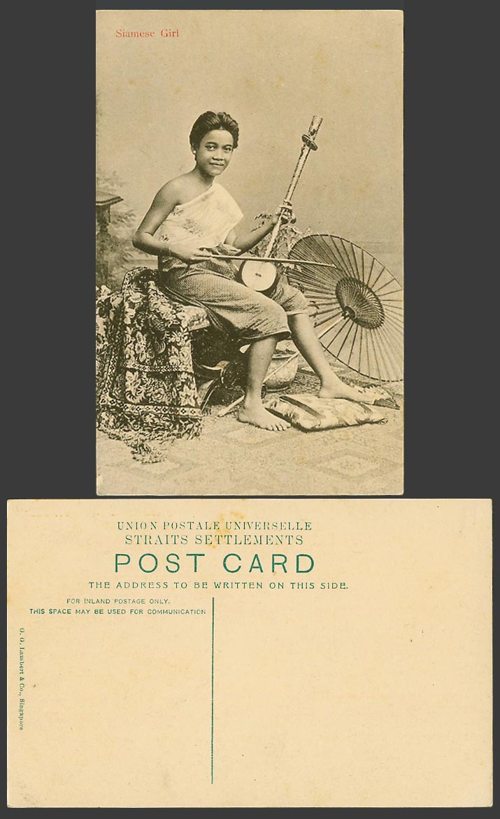 Singapore Old Postcard Siam Siamese Girl Lady Musician Saw Ou Musical Instrument