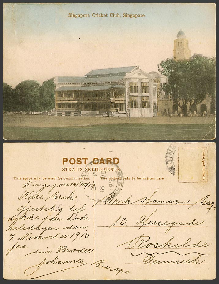 Singapore to Denmark 1913 Old Hand Tinted Postcard Sing Cricket Club Clock Tower