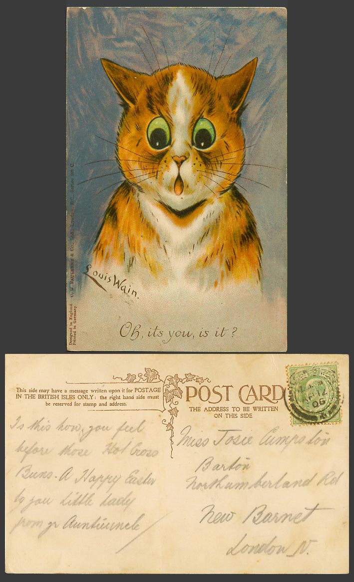 Louis Wain Artist Signed Orange Cat Kitten Oh It's you, is it? 1906 Old Postcard