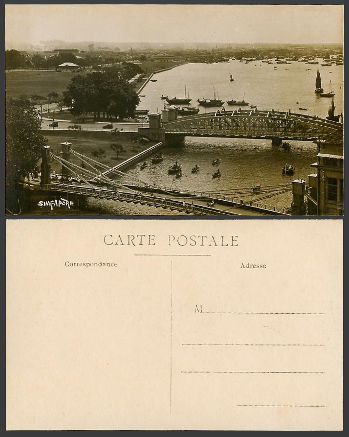 Singapore Old Real Photo Postcard Truss Bridge Bridge Boats Street View Panorama