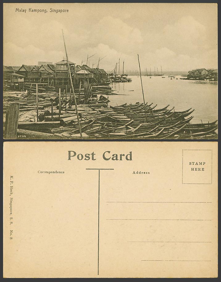 Singapore Old Postcard Malay Kampong Village Houses on Stilts Boats in Harbour 8