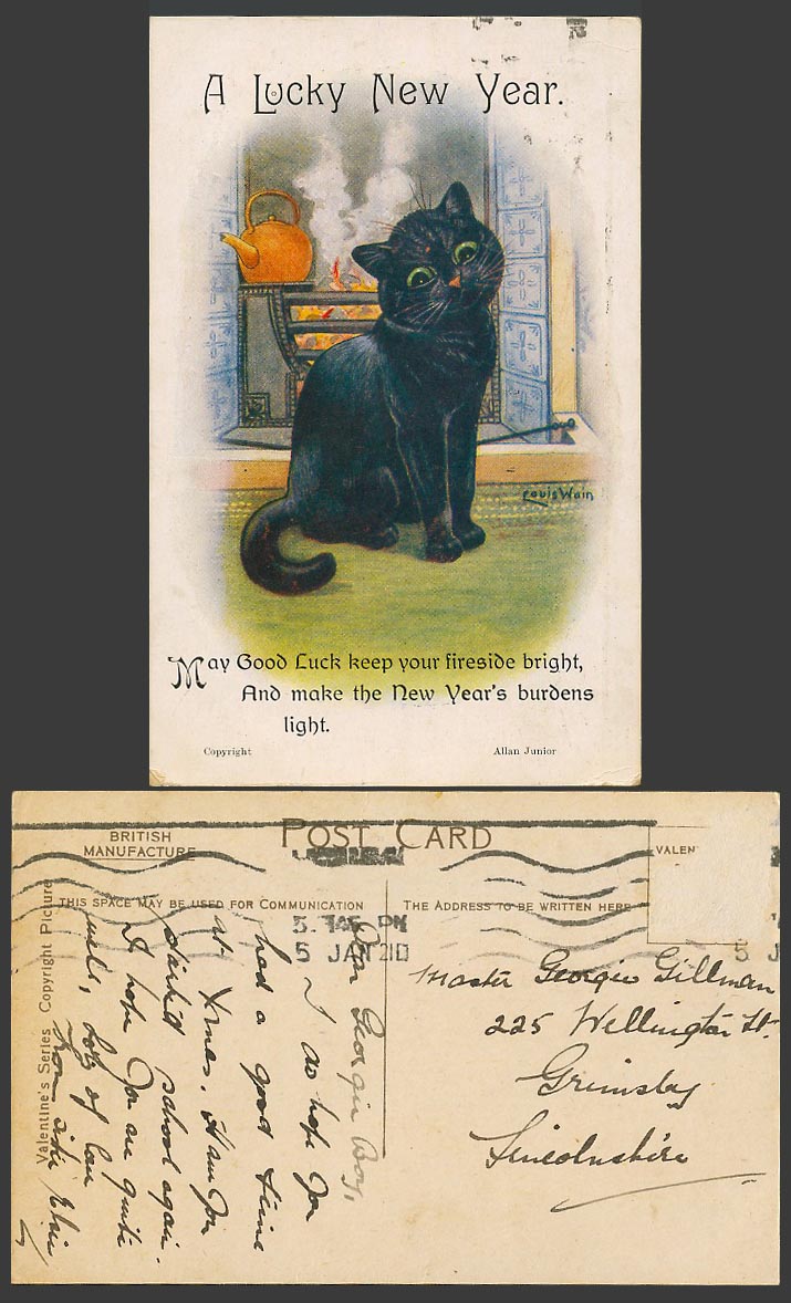 LOUIS WAIN Artist Signed Black Cat, Lucky New Year Kettle Fireplace Old Postcard