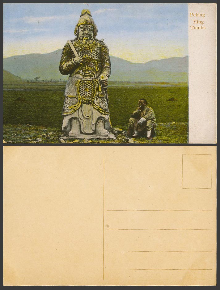 China Old Colour Postcard Stone Statue Ming Tombs, Peking, Chinaman Smoking Pipe