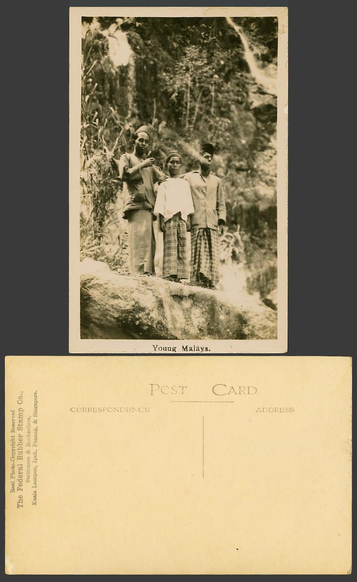 Singapore Malaya Old Real Photo Postcard Young Malays, 3 Native Men Boys Smoking